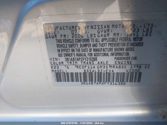 2015 NISSAN SENTRA SV VIN: 3N1AB7AP2FY316388