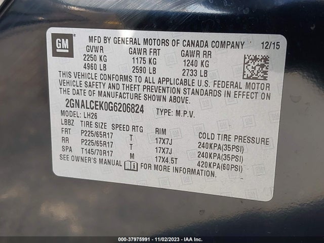 Chevrolet EQUINOX LT 2016 2GNALCEK0G6206824 Image 9