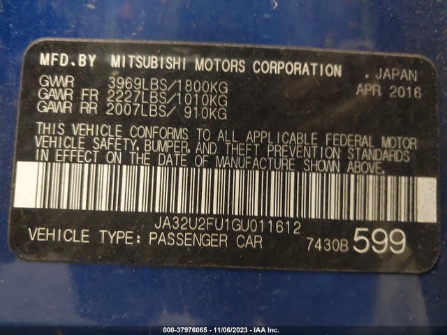 JA32U2FU1GU011612 Mitsubishi LANCER ES