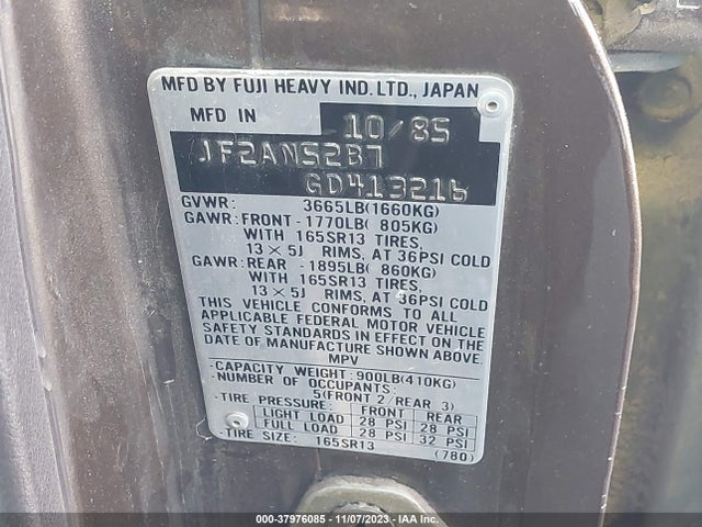 1986 SUBARU DL 4WD VIN: JF2AN52B7GD413216