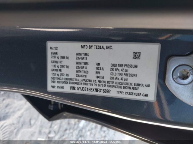 5YJ3E1EBXNF316092 Tesla Model 3 Long Range Dual Motor All-wheel Drive