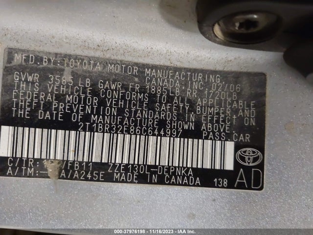 2006 TOYOTA COROLLA CE/S/LE VIN: 2T1BR32E86C644997