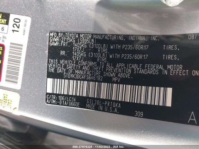 2015 TOYOTA SIENNA XLE 8 PASSENGER VIN: 5TDYK3DC4FS646182