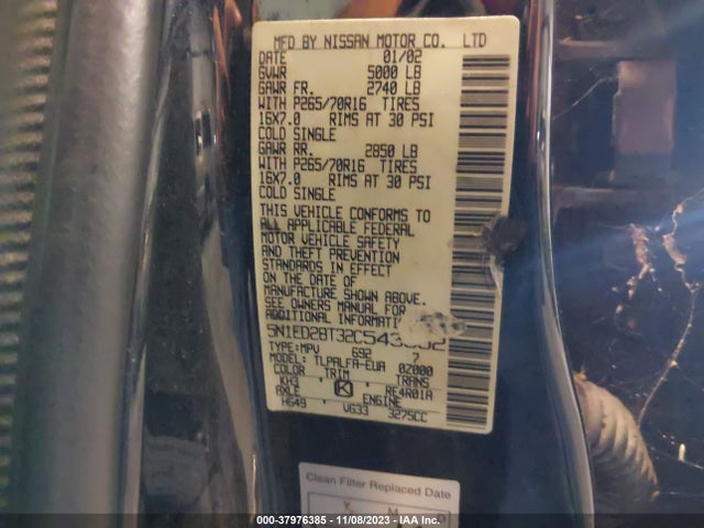 2002 NISSAN XTERRA SE VIN: 5N1ED28T32C543652