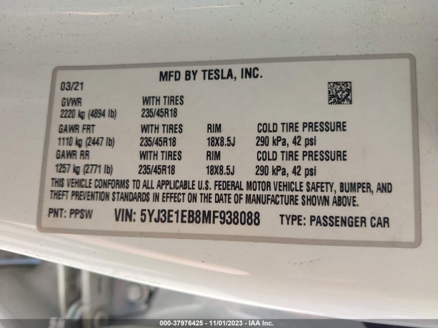 Tesla Model 3 Long Range Dual Motor 2021 5YJ3E1EB8MF938088 Image 9