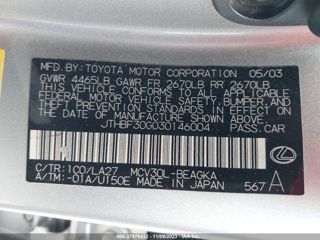 2003 LEXUS ES 300 BASE (A5) VIN: JTHBF30G030146004