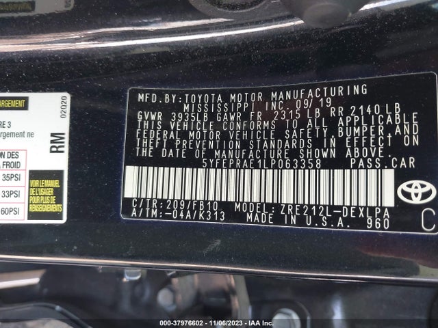 2020 TOYOTA COROLLA LE VIN: 5YFEPRAE1LP063358