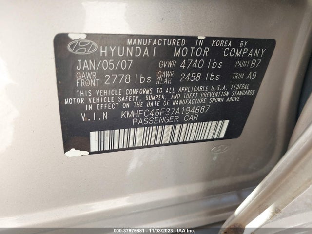 2007 HYUNDAI AZERA LIMITED/SE VIN: KMHFC46F37A194687