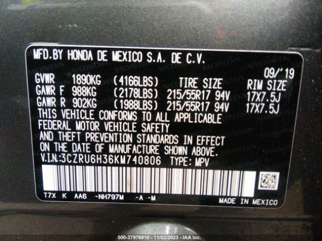 3CZRU6H36KM740806 Honda HR-V LX