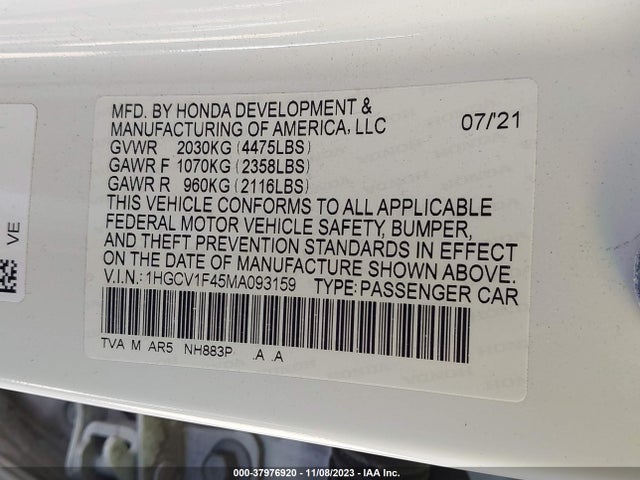Aukcja sprzedaży 2021 Honda Accord Sport Special Edition, vin: 1HGCV1F45MA093159, numer aukcji: 37976920