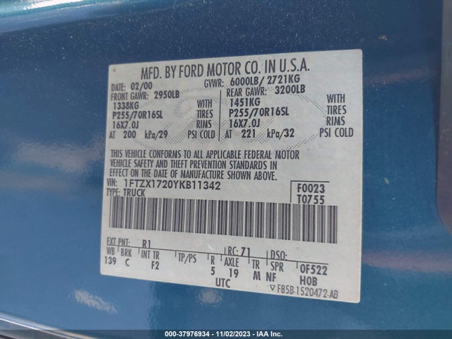 2000 FORD F-150 WORK SERIES/XLT/XL VIN: 1FTZX1720YKB11342