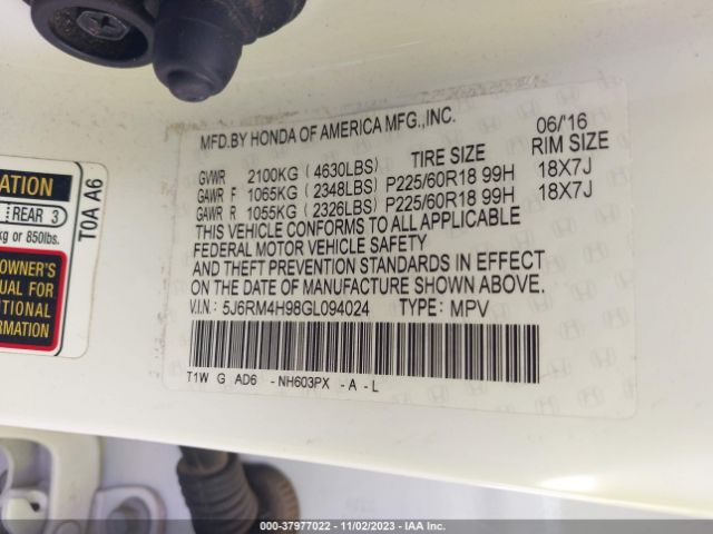 5J6RM4H98GL094024 Honda Cr-v Touring