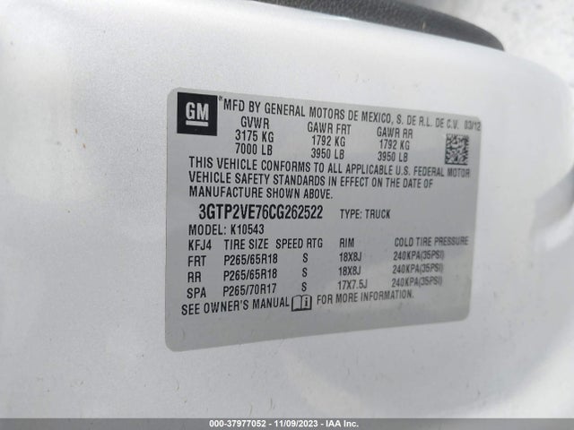 2012 GMC SIERRA 1500 SLE VIN: 3GTP2VE76CG262522