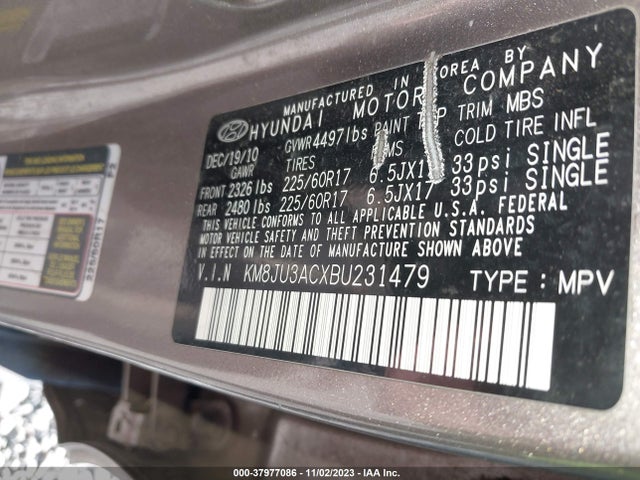 2011 HYUNDAI TUCSON GLS VIN: KM8JU3ACXBU231479