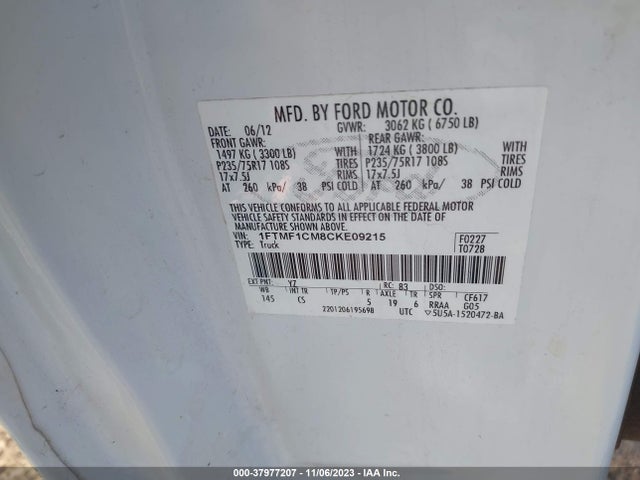 2012 FORD F-150 XL VIN: 1FTMF1CM8CKE09215