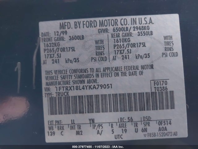 2000 FORD F-150 WORK SERIES/XLT/LARIAT/XL VIN: 1FTRX18L4YKA79051