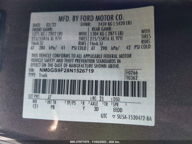 Продажа на аукционе авто 2022 Ford Transit Connect Xlt Passenger Wagon, vin: NM0GS9F28N1526719, номер лота: 37977475