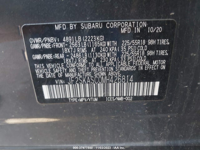 2021 SUBARU FORESTER LIMITED VIN: JF2SKASC0MH426814