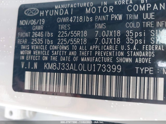2020 HYUNDAI TUCSON LIMITED VIN: KM8J33AL0LU173399