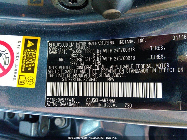 Toyota Highlander Le Plus 2018 5TDZZRFH6JS250405 Image 9
