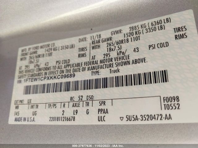 1FTEW1CPXKKC09689 Ford F-150 Xlt