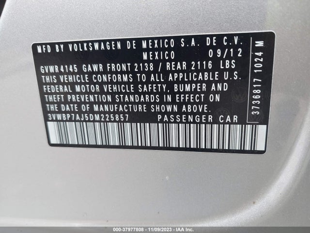 2013 VOLKSWAGEN JETTA 2.5L SE VIN: 3VWBP7AJ5DM225857