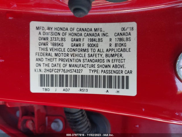 2018 HONDA CIVIC EX VIN: 2HGFC2F76JH574327