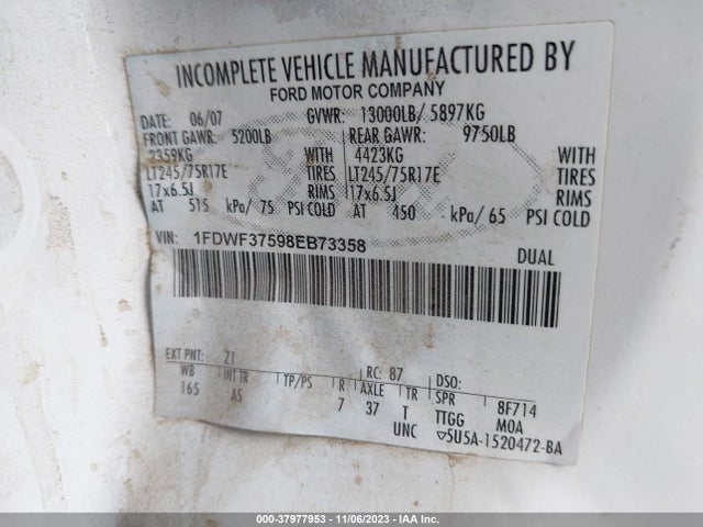 Продажа на аукционе авто 2008 Ford Super Duty F-350 Drw Xl/xlt, vin: 1FDWF37598EB73358, номер лота: 37977953