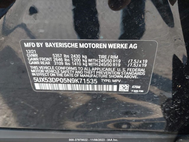 5UX53DP05N9K71535 BMW X3 Xdrive30i