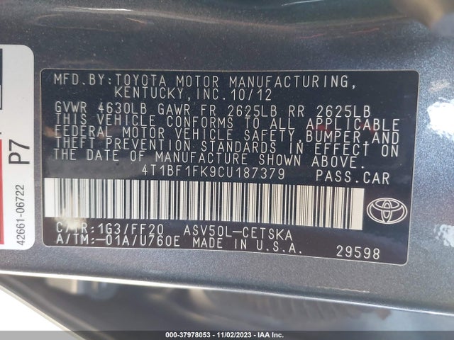 2012 TOYOTA CAMRY L/LE/SE/XLE VIN: 4T1BF1FK9CU187379