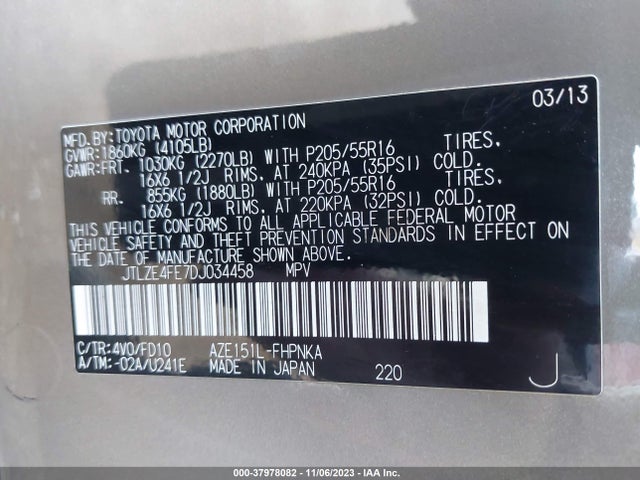 2013 SCION XB VIN: JTLZE4FE7DJ034458