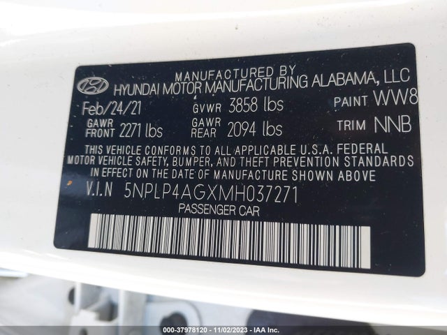 2021 HYUNDAI ELANTRA LIMITED VIN: 5NPLP4AGXMH037271
