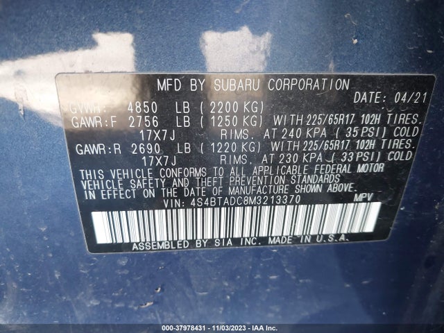 Subaru Outback Premium 2021 4S4BTADC8M3213370 Image 9