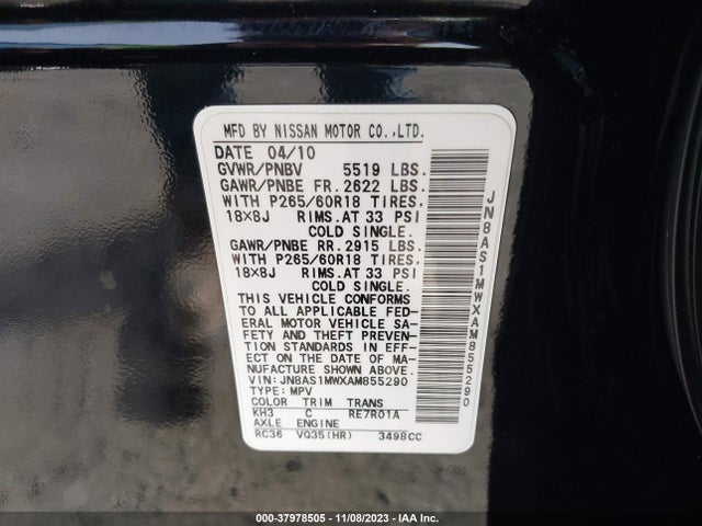 2010 INFINITI FX35 VIN: JN8AS1MWXAM855290