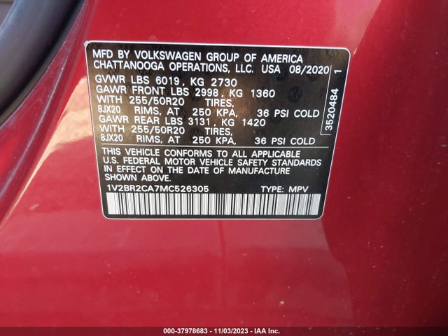 1V2BR2CA7MC526305 Volkswagen Atlas 3.6l V6 Sel