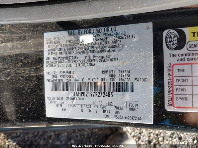 2007 FORD FUSION SEL VIN: 3FAHP02197R272485