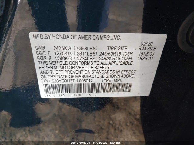 2020 ACURA MDX STANDARD VIN: 5J8YD3H37LL008012
