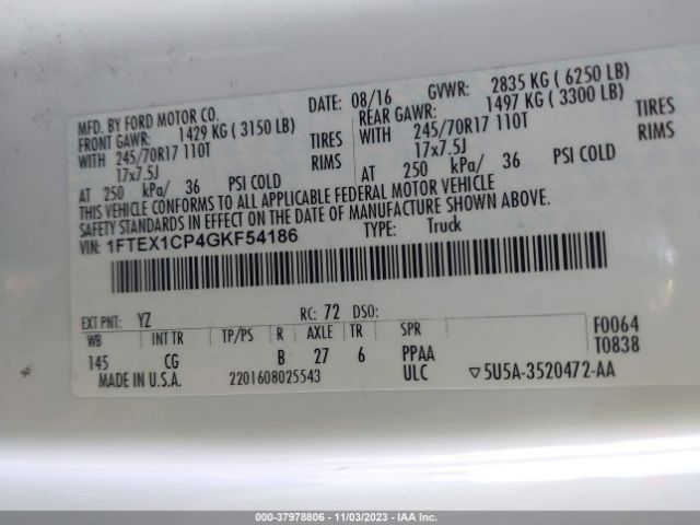 1FTEX1CP4GKF54186 Ford F-150 Xl/lariat/xlt