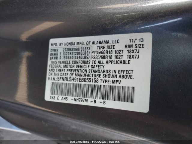 5FNRL5H91EB055158 Honda Odyssey Touring