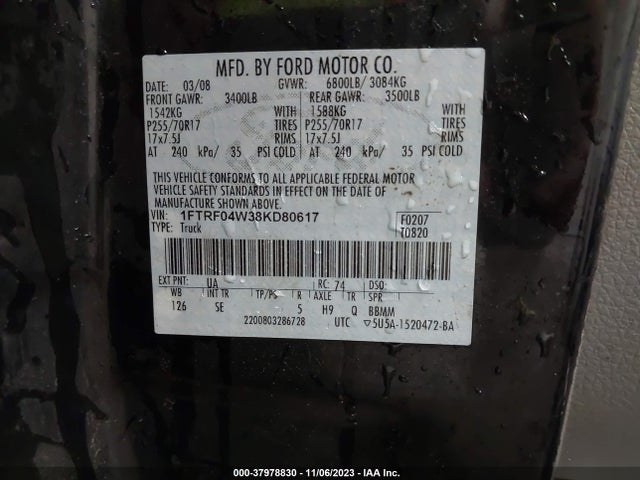 2008 FORD F-150 STX/XLT VIN: 1FTRF04W38KD80617