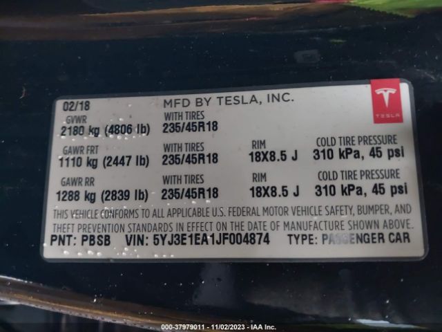 5YJ3E1EA1JF004874 Tesla Model 3 Range Battery