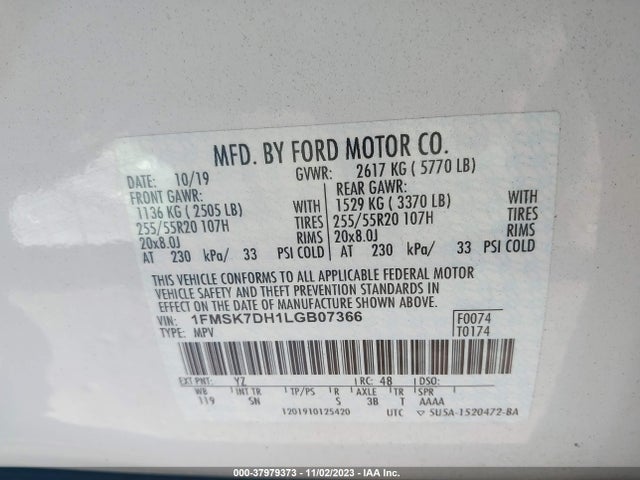 Ford EXPLORER XLT 2020 1FMSK7DH1LGB07366 Image 9