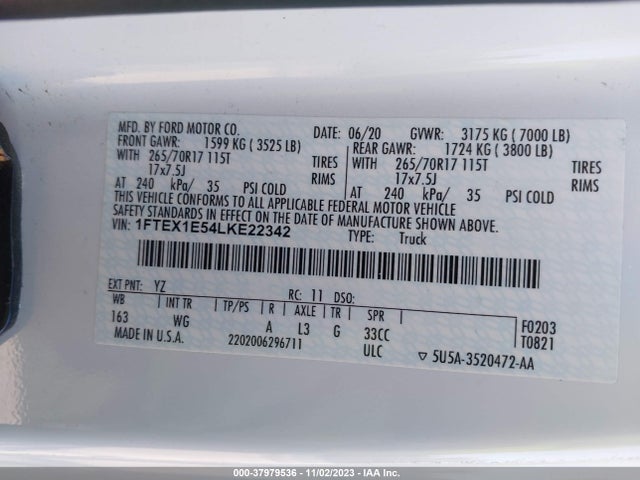 2020 FORD F-150 XL VIN: 1FTEX1E54LKE22342