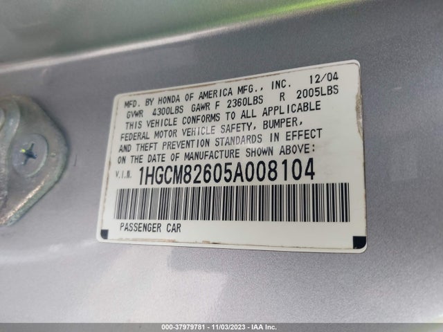 2005 HONDA ACCORD CPE EX-L V6 VIN: 1HGCM82605A008104