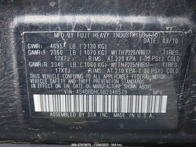 2011 SUBARU OUTBACK 3.6R PREMIUM VIN: 4S4BRDHC0B2348579