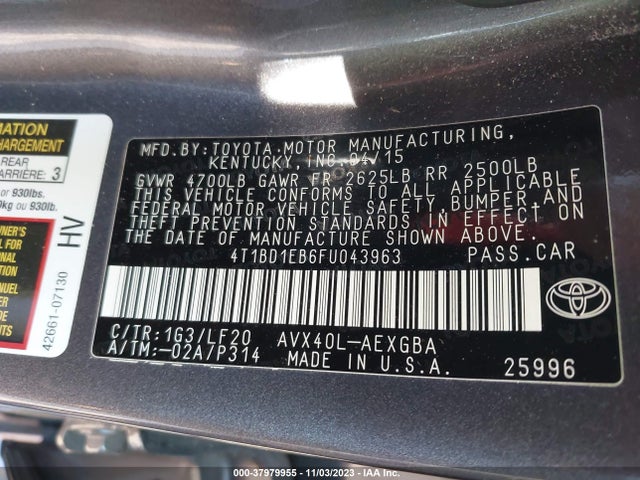 2015 TOYOTA AVALON HYBRID XLE PREMIUM VIN: 4T1BD1EB6FU043963