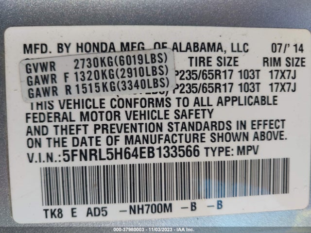 2014 HONDA ODYSSEY EX-L VIN: 5FNRL5H64EB133566