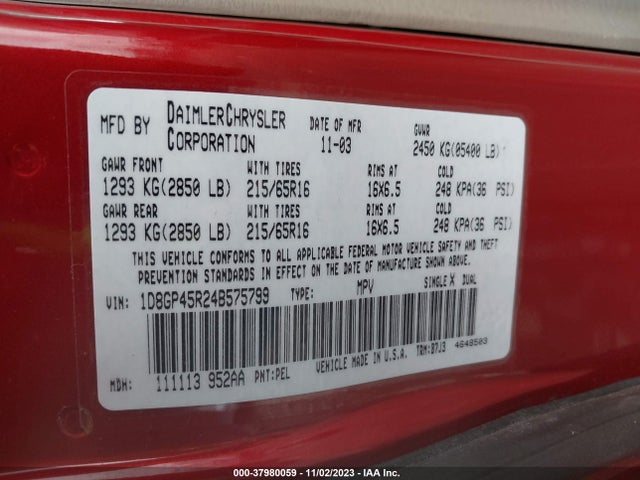 2004 DODGE CARAVAN SXT VIN: 1D8GP45R24B575799