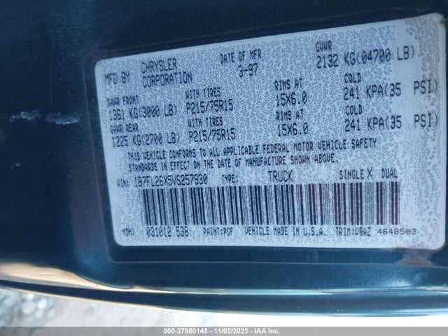 1997 DODGE DAKOTA SLT/SPORT VIN: 1B7FL26X5VS257930
