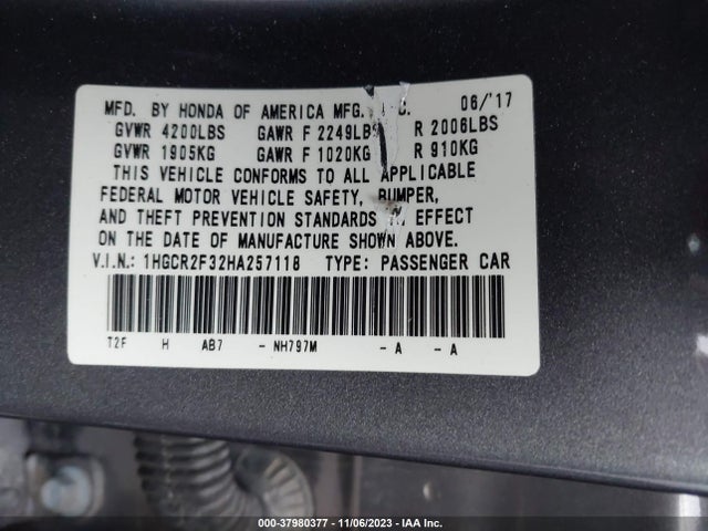 Honda ACCORD LX 2017 1HGCR2F32HA257118 Image 9